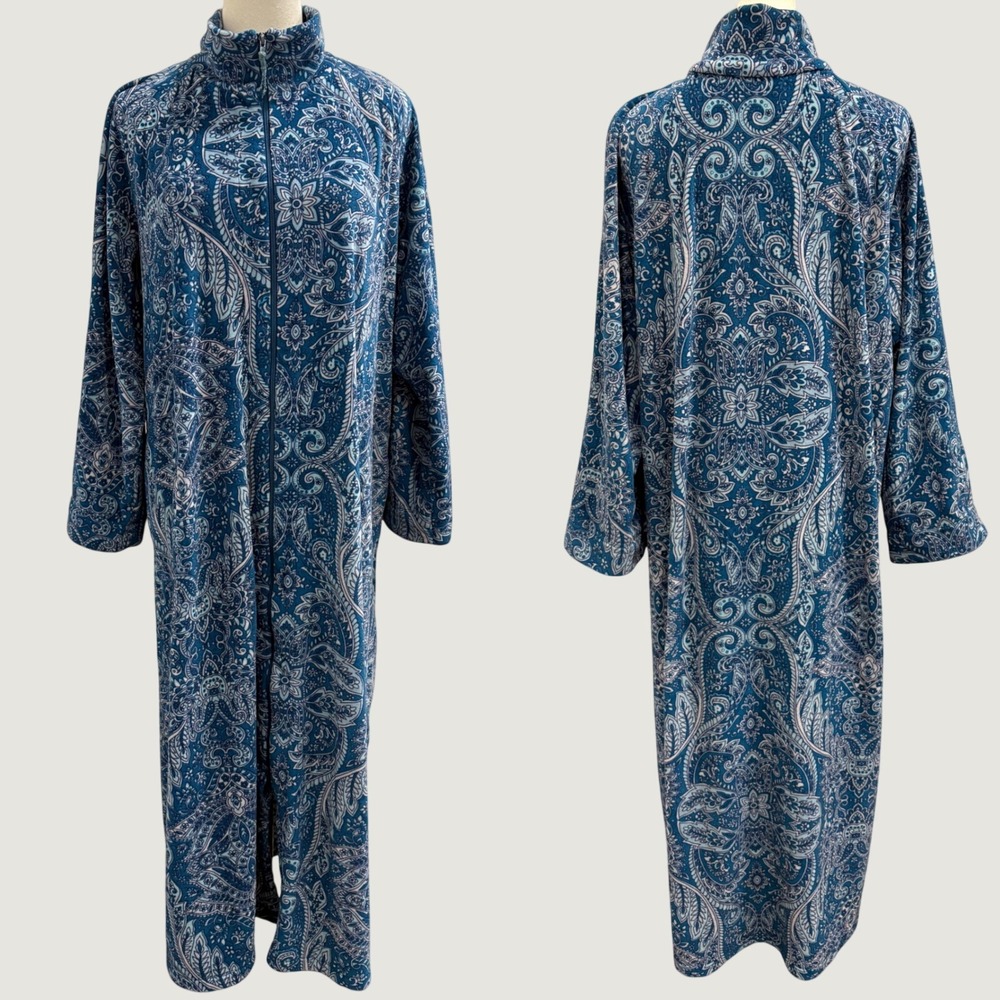Miss Elaine Blue Paisley Fleece Full Zip Long Sleeve Robe Lounger House Coat L